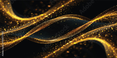 Golden abstract wavy lines with sparkling particles on black background, luxury celebration background, abstract shape, digital art