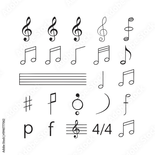 Musical symbols and notes in various styles and sizes on white background  