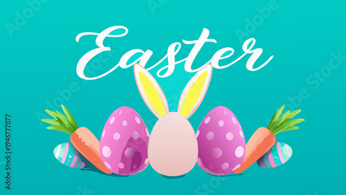 Easter, colorful Easter bunny, eggs and carrots, holiday icons, springtime celebration