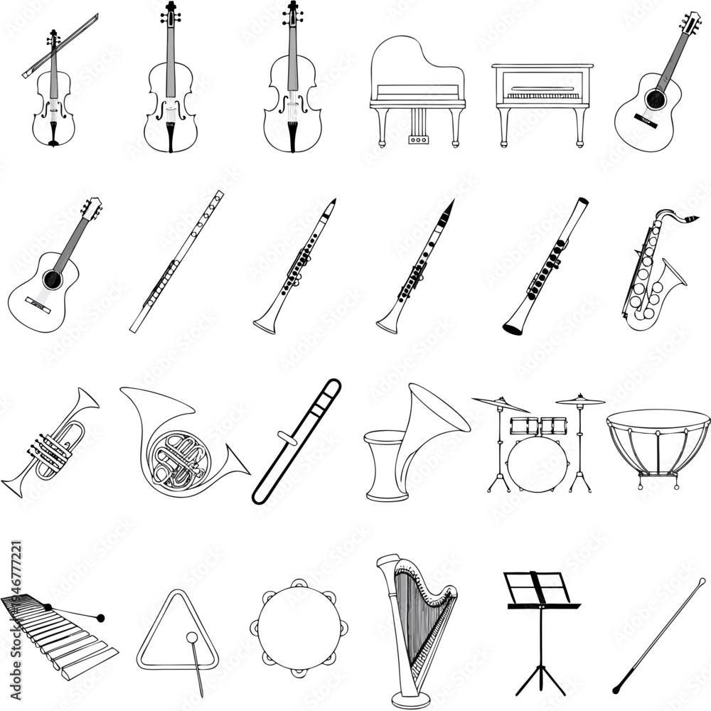 Fototapeta premium Various musical instruments illustrated in black and white outline 