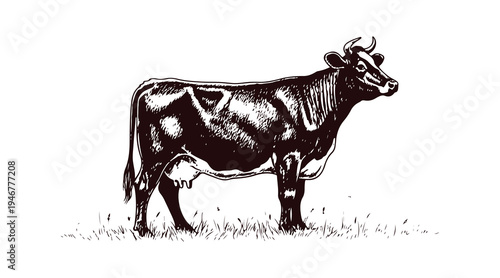 Hand-drawn cow illustration in side view, standing on grass in a black and white sketch style.