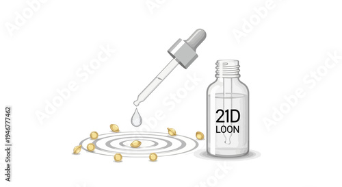 A dropper dropping a serum into a pool with yellow beads and a bottle.