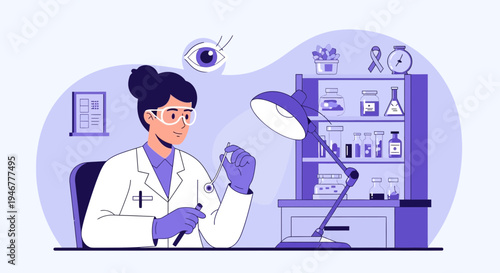 Medical Professional Conducting Eye Exam In A Laboratory, Examining Instruments At Work