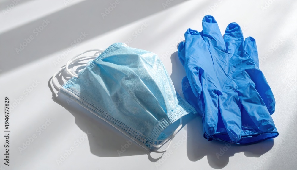 Fototapeta premium Medical mask and sterile gloves arranged neatly on a clean surface for protection against disease