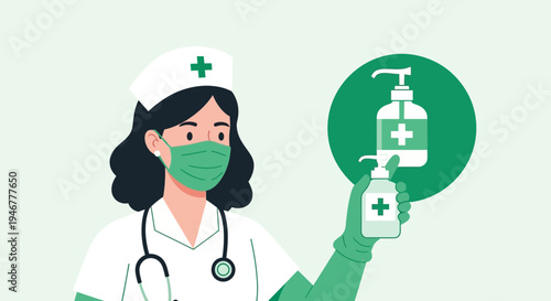 Medical Professional Demonstrates Hand Sanitizer, Infection Prevention In Healthcare Illustration