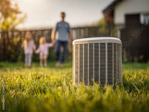 Outdoor air conditioning unit on green grass with blurred family holding hands in background during warm sunny day in backyard setting