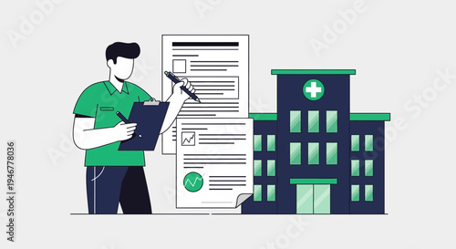 Medical Professional Documenting Data Near a Hospital Building, Healthcare Analysis Illustration