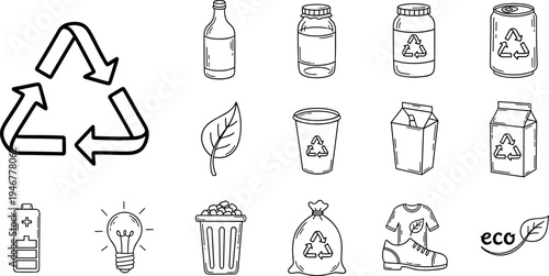 Collection of hand-drawn icons representing recycling and eco-friendly concepts