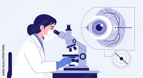 Medical Professional Examines Eye Anatomy With Advanced Microscope In Scientific Illustration
