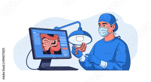 Medical Professional Examining Intestines and Using Diagnostic Technology in Modern Healthcare