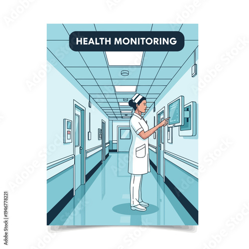 Medical Professional Examining Patient Data Displayed On A Monitor In A Hospital Corridor Setting
