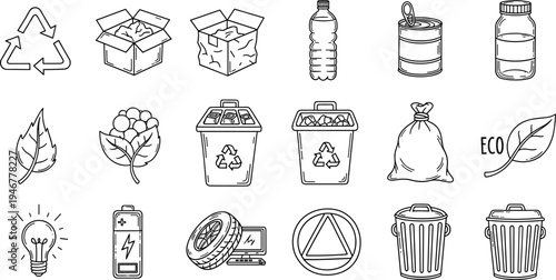 Collection of hand-drawn icons representing recycling and eco-friendly concepts
