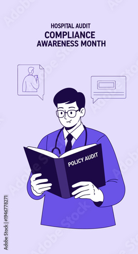 Medical Professional Examining Policy Audit Manual During Hospital Compliance Awareness Campaign