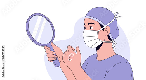 Medical Professional Examining Post-Surgery Wound with Mirror in Modern Artistic Illustration