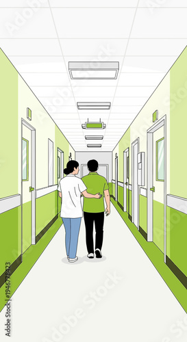 Medical Professional Guides Patient Through Hospital Corridor, Offering Support and Care Towards