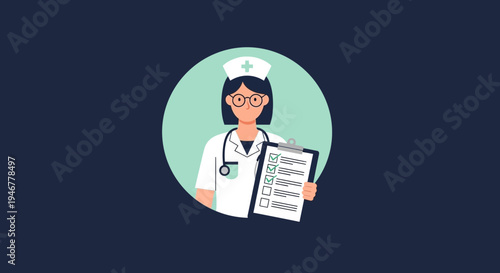 Medical Professional Holding Checklist Showing Approval in Modern Flat Illustrated Style