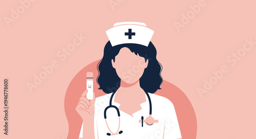 Medical Professional Holding Test, Illustrated Nurse In Uniform With Stethoscope