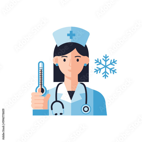 Medical Professional Holding Thermometer and Snowflake Illustrating Illness and Cold Weather