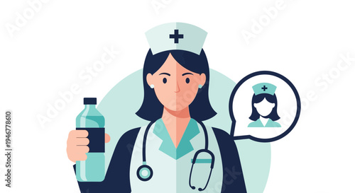 Medical Professional Holding Water Bottle in Hand with a Thought Bubble Illustration