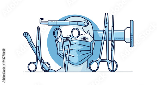 Medical Professional Illustration Depicting Surgical Tools and Person in Mask