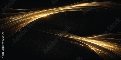 Abstract golden light curves and glowing particles against a dark textured surface, elegant luxury background, gold background, premium background, fine art