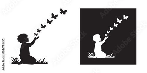 Boy kneeling and releasing flying butterflies silhouette icon set for nature and childhood