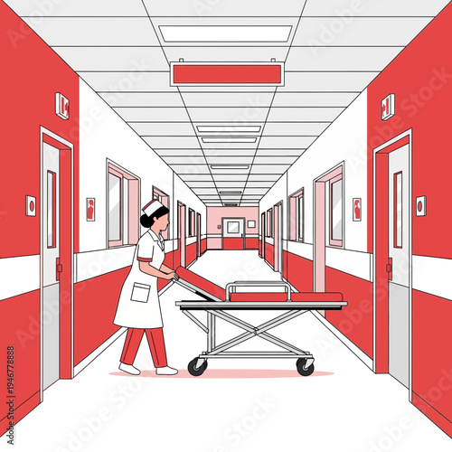 Medical Professional Navigates Hospital Corridor With Stretcher, Red and White Color Scheme