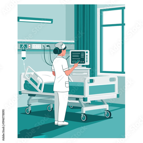 Medical Professional Monitors Patient Vital Signs in Bright, Modern Hospital Room Setting