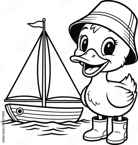 A cheerful cartoon duckling wearing a hat and boots standing next to a sailboat on water