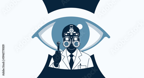 Medical Professional Performing Eye Examination Inside A Large Eye Symbol Illustration
