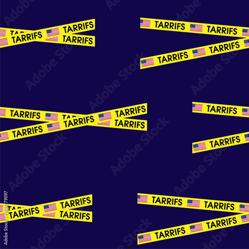 Tariff Warning yellow barricade Set Banner with yellow warning lines with TARIFFS text and United States Flag. seamless warning lines, ribbons, economic zones, trade barriers, restrictions