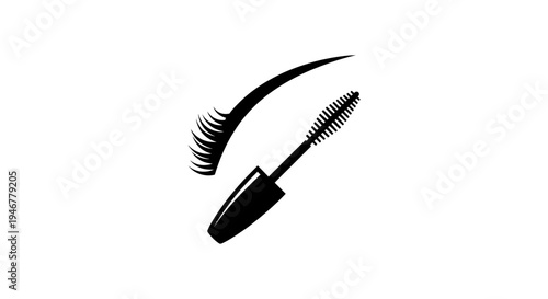 Mascara brush and eyelashes on white background.