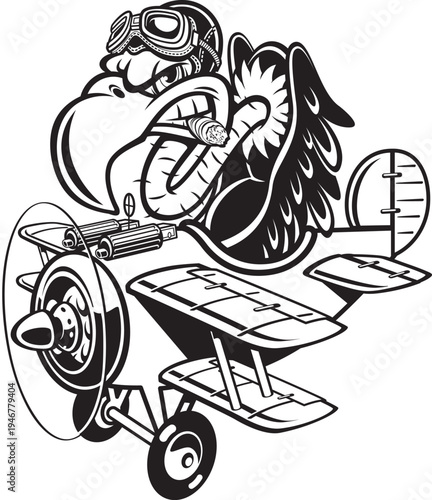 Cartoon style Vulture flying vintage fighter aircraft 
 