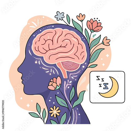 A person's head with a brain and flowers illustrating mental health and sleep.