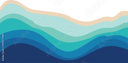 Ocean waves abstract background, layered blues and greens with sandy accents, color palette, cool colors, smooth lines, abstract art, background design, color gradient