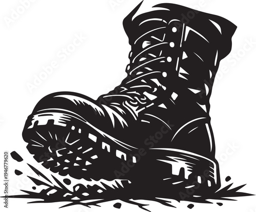 line art silhouette Vector Illustration of powerful military combat boot stepping firmly on Ground
