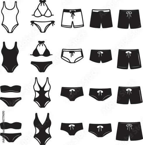 Swimwear icon set with swimsuits and trunks for men and women, featuring silhouette styles for summer and vacation concepts line art vector
