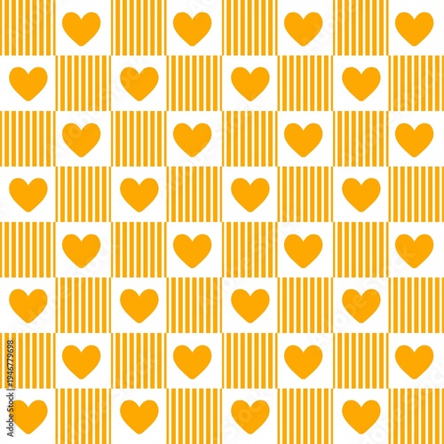 Seamless checkered pattern with yellow hearts and vertical stripes on white. Cute minimalist geometric design for wallpaper, fabric, wrapping paper, and Valentine's Day decor