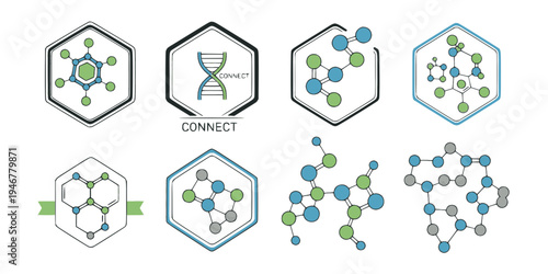 Set of molecule badge. Connected hexagonal molecule badge. Molecular structure. DNA connect diagram. Medical label or icons. Vector illustration. 
