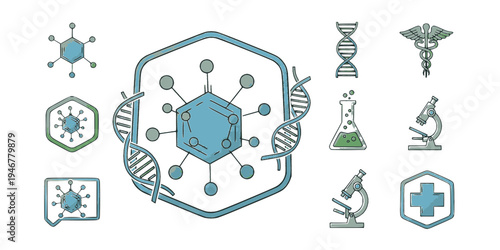 Set of molecule badge. Connected hexagonal molecule badge. Molecular structure. DNA connect diagram. Medical label or icons. Vector illustration. 
