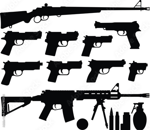 Gun and firearm silhouettes collection, pistol rifle weapon set, military firearms vector silhouettes isolated tactical illustration bundle