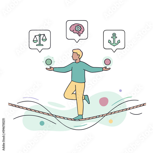 A person balances on a tightrope juggling balls while thinking about emotions and balance.