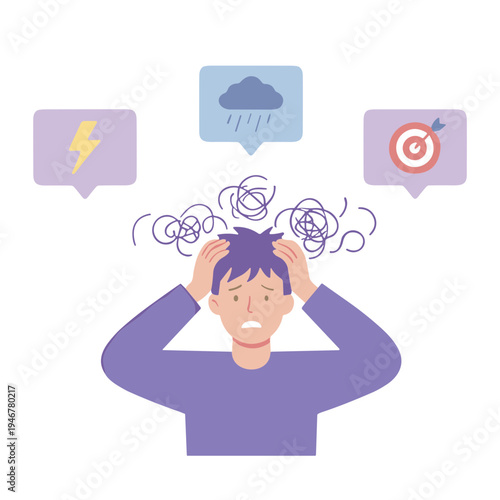 Person experiencing stress with thought bubbles of emotions and targets