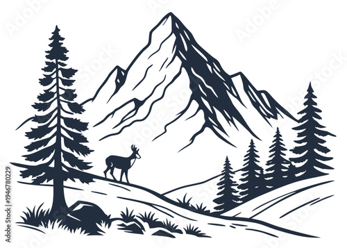 A majestic mountain landscape with a lone deer and pine trees in a serene wilderness isolated on transparent background, isolated on white background, Vector
