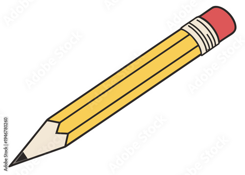 A close-up view of a sharpened yellow pencil with a pink eraser on the end isolated on transparent background, isolated on white background, Vector