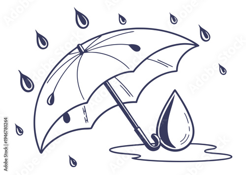 A black and white illustration of an umbrella with rain droplets isolated on transparent background, isolated on white background, Vector