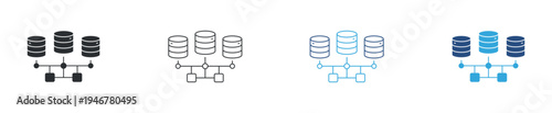 Database network connection icon set. Distributed data storage and server infrastructure concept. Database cluster technology symbol. Line, solid and color style. Vector illustration.