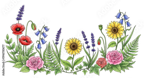 Colorful floral arrangement with various flowers.