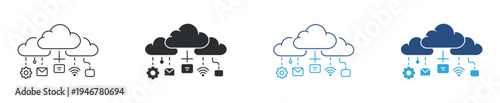 Cloud computing services icon set. Cloud network technology with settings, email, WiFi and storage symbols. Line, solid and color style. Vector illustration.
