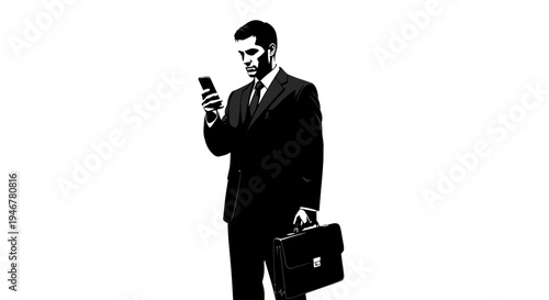 Businessman using smartphone, holding briefcase, isolated on white background